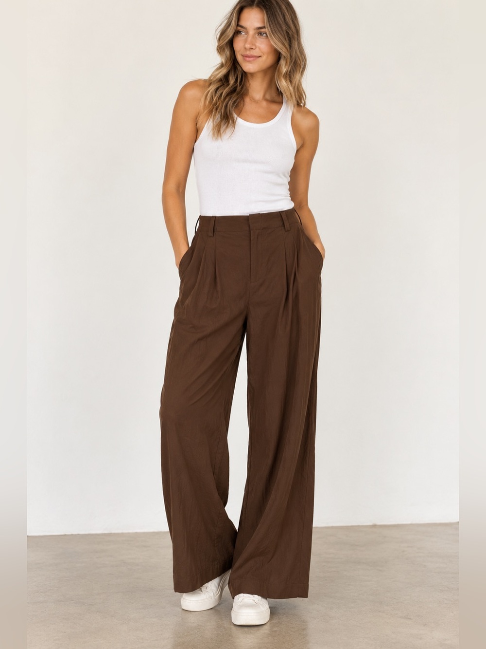 Halara High Waisted Wide Leg Pants Brown XL Regular Pleated Stretch